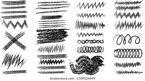 Grunge black lines and scribble shapes. Zigzags, scribbles, circles, waves and crosses. Hand drawn style graphic resource design.