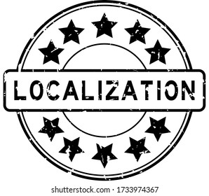 Grunge black localization word with star icon round rubber seal stamp on white background