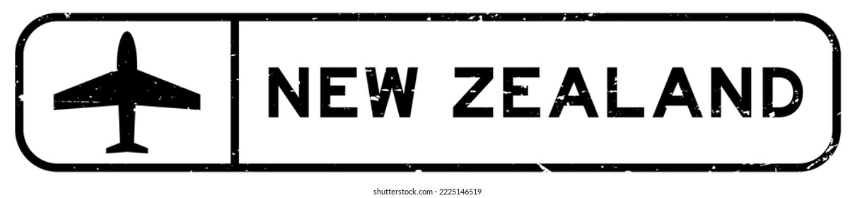 Grunge black new zealand word with plane icon square rubber seal stamp on white background