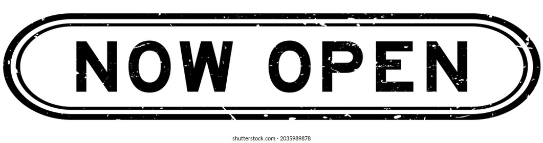 Grunge black now open word rubber seal stamp on white background