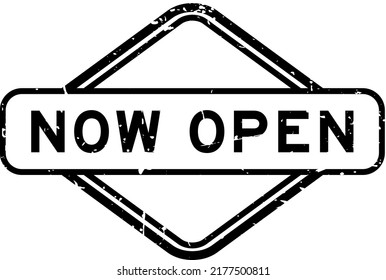 Grunge black now open word rubber seal stamp on white background