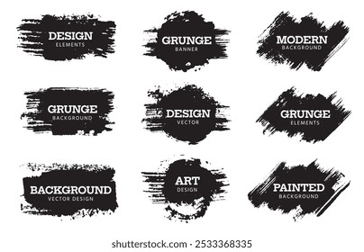 Grunge schwarze Farbe Banner. Abstrakte Pinselstriche mit Tintenflecken und -spritzer. Grobe Skizze Textur Streifen und Rechtecke Vektorsatz.