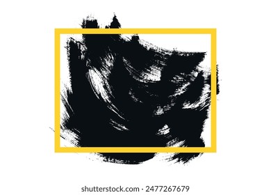 Grunge black paint stoke banner. Black ink stain with yellow frame on a white background