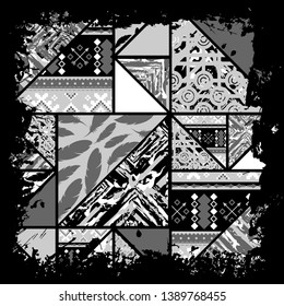 Grunge black pattern background with triangles and squares