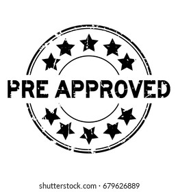 Grunge Black Pre Approved With Star Icon Round Rubber Seal Stamp On White Background