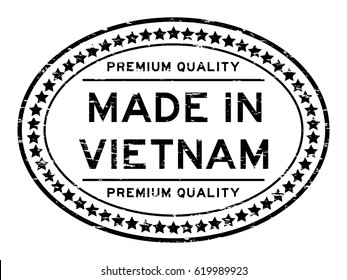 Grunge black premium quality made in Vietnam oval rubber seal stamp on white background