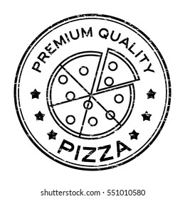 Grunge black premium quality pizza with slice plate logo round rubber stamp