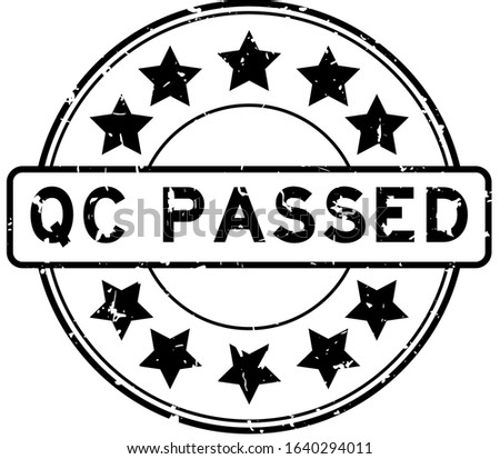 Grunge black QC (Quality control) passed word round rubber seal stamp on white background