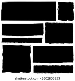 Grunge black rectangles. Rough ink brush. Distressed artistic shapes. Vector abstract forms.