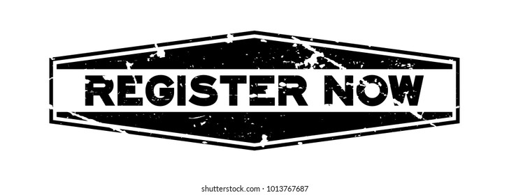 Grunge black register now word hexagon rubber seal stamp on white background
