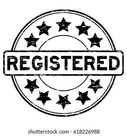 Grunge black registered with star icon round rubber stamp on white background