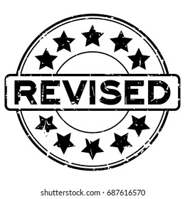 Grunge black revised wording with star icon round rubber seal stamp on white background