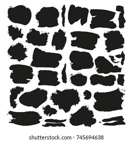 Grunge black rough brush strokes set. Abstract ink stains various shapes isolated on white background collection. Vector illustration