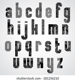 Grunge black rubbed lower case letters, decorative striped font on white background.