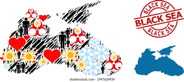 Grunge Black Sea seal, and heart patients syringe mosaic map of Black Sea. Red round stamp has Black Sea title inside circle. Map of Black Sea collage is composed of cold, sun, heart, patients,