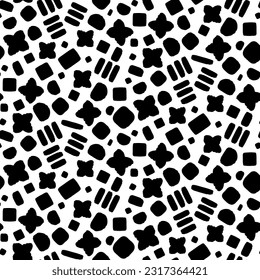 Grunge un patrón sin fisuras negro con símbolos matemáticos geométricos abstractos. Ornamento para impresión en tela, cubierta y embalaje. Vector blanco negro aislado en fondo blanco