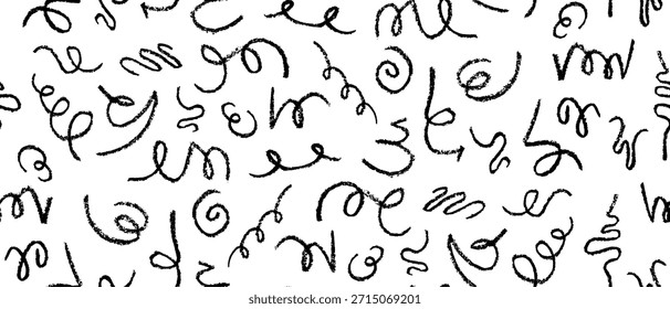 Grunge negro sin patrón con garabatos, garabatos Formas con tiza, textura de carbón. Dibujado a mano líneas de garabato funky en estilo crayón. Ilustración vectorial de impresión a mano alzada sobre fondo transparente