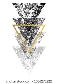 Grunge black  shapes of triangles with gold triangle for logo design. Isolated vector illustration on white background.