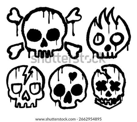 Grunge black skull icon in graffiti spray style. Urban stencil illustration with dripping ink effect. Isolated vector illustration