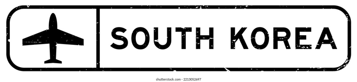 Grunge black south korea word with plane icon square rubber seal stamp on white background