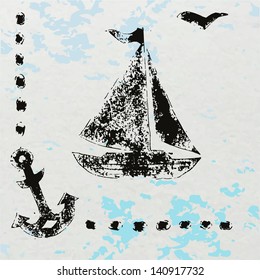 Grunge black stamp print sailboat, anchor and seagull on gray background, vector illustration