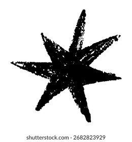 Estrella negra del grunge con bordes texturizados ásperos. Elemento dibujado a mano con estilo afligido audaz. Perfecto para pegatinas, carteles, vacaciones y Ilustración vectorial de diseño creativo