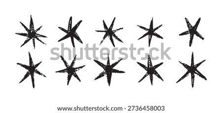 Grunge black stars brush spray paint. Hand drawn doodle stars texture, rough modern elements. Vector illustration