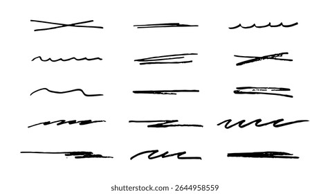 Grunge black strike through and underline elements. Set of hand drawn pencil lines and strokes on a white background. Doodle vector graphic elements. Typography ink brush lines. Crosses and  strokes