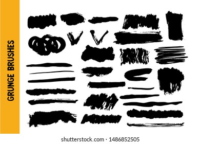 Grunge black stroke set, ink brush texture, splash spot banner, element shape.