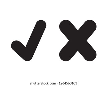 Grunge black stroke tick and cross signs. Grunge check mark OK and X icons, isolated on white. Brush marks graphic design. Symbols YES and NO button for vote, decision, web. Vector illustration