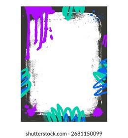 Grunge black template frame with spots. Graffiti border with airbrush lines. Ink punk decor for photo. Overlay vector retro texture blank.