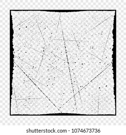 Grunge black texture with frame with possibility of overlay on transparent background. Distress texture for your design. Abstract vector pattern.