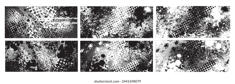 Fondo sucio crudo de la textura negra del grunge, impresión gráfica del semitono del vector, conjunto abstracto de la superposición de la tinta. Material de arañazo retro, mancha de salpicadura desordenada fondo de pantalla punk plantilla de ruido. Efecto de textura de grunge