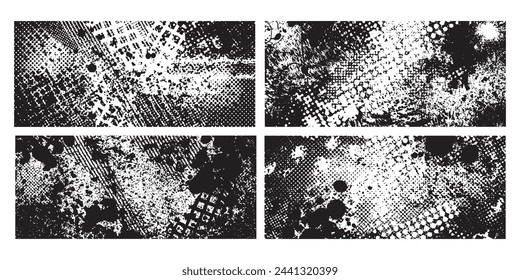 Fondo sucio crudo del vector de la textura negra del grunge, impresión gráfica del semitono, conjunto abstracto de la superposición de la tinta. Material de arañazo retro, mancha de salpicadura desordenada fondo de pantalla punk plantilla de ruido. Efecto de textura de grunge