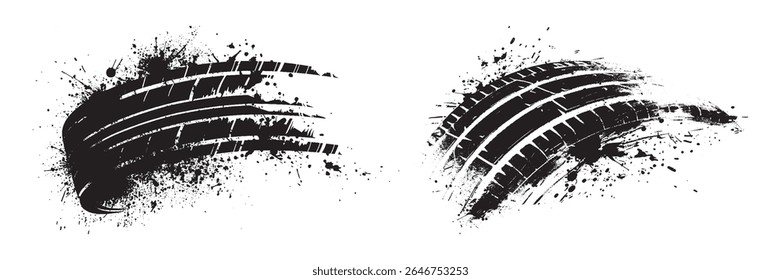 Grunge black tire track imprint with splatter dirt texture isolated on white background vector illustration for automotive offroad race design skid mark dirty rough print element wheel motion