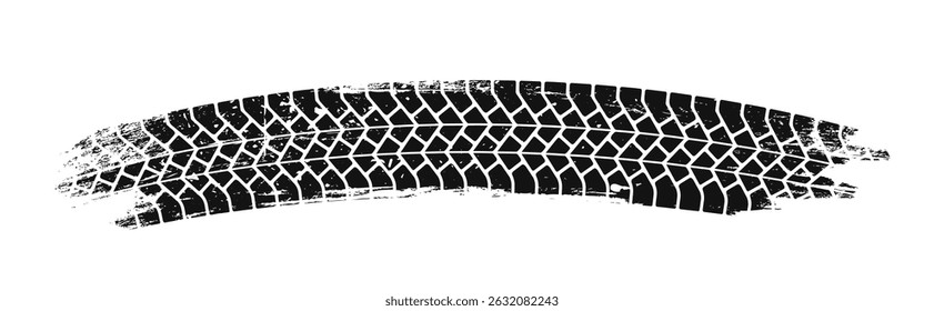 Marca de pista de pneu preto grunge com textura áspera em forma curva sobre fundo branco. Conceito de circulação do veículo, condução fora de estrada. Ilustração vetorial