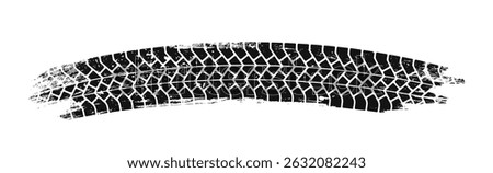 Grunge black tire track mark with rugged texture in a curved shape on white background. Concept of vehicle movement, off-road driving. Vector illustration