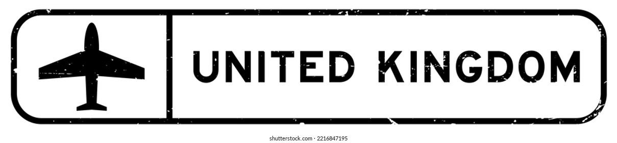 Grunge black united kingdom word with plane icon square rubber seal stamp on white background