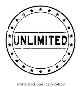 Grunge black unlimited word with star icon round rubber seal stamp on white background