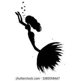 Grunge black vector illustration of silhouette of swimming mermaid.