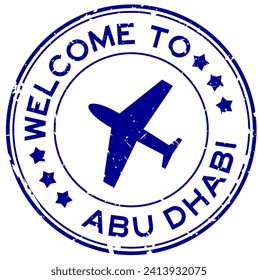 Grunge black welcome to abu dhabi with airplane icon round rubber seal stamp on white background