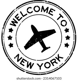 Bienvenida negra grunge a nueva york con sello de sellado de goma redondo del icono del avión sobre fondo blanco