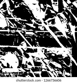 Grunge black and white abstract background. Vintage old surface in scratches, chips, cracks. Pattern for printing dirt, stains, scuffs. Texture monochrome dark