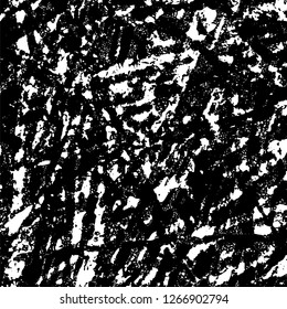 Grunge black and white abstract background. Vintage old surface in scratches, chips, cracks. Pattern for printing dirt, stains, scuffs. Texture monochrome dark