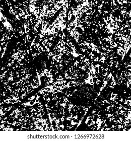 Grunge black and white abstract background. Vintage old surface in scratches, chips, cracks. Pattern for printing dirt, stains, scuffs. Texture monochrome dark