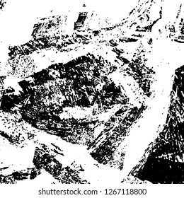 Grunge black and white abstract background. Vintage old surface in scratches, chips, cracks. Pattern for printing dirt, stains, scuffs. Texture monochrome dark