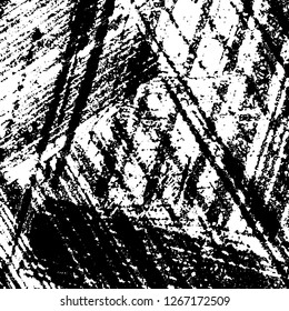 Grunge black and white abstract background. Vintage old surface in scratches, chips, cracks. Pattern for printing dirt, stains, scuffs. Texture monochrome dark