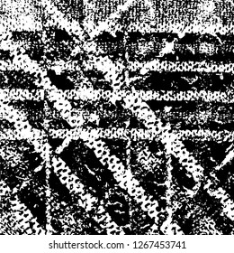 Grunge black and white abstract background. Vintage old surface in scratches, chips, cracks. Pattern for printing dirt, stains, scuffs. Texture monochrome dark