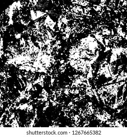 Grunge black and white abstract background. Vintage old surface in scratches, chips, cracks. Pattern for printing dirt, stains, scuffs. Texture monochrome dark
