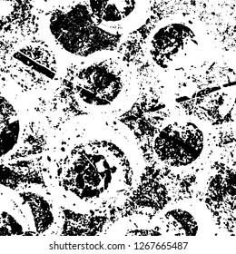 Grunge black and white abstract background. Vintage old surface in scratches, chips, cracks. Pattern for printing dirt, stains, scuffs. Texture monochrome dark